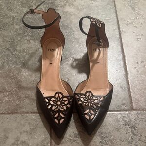 Fendi Black Laser-Cut Pointed-Toe Ankle-Strap Heels